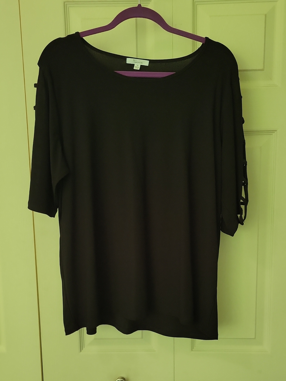 89th Madison Black Short Sleeve Top with Lace-Up Sleeves